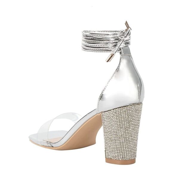 Silver Rhinestone Block Heeled Sandal Clear Strappy Open Square Toe 2.75” Heel - Picture 3 of 13